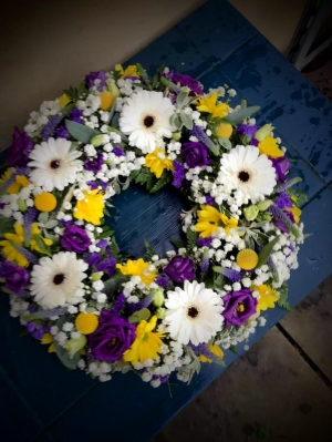White & Purple Funeral Wreath