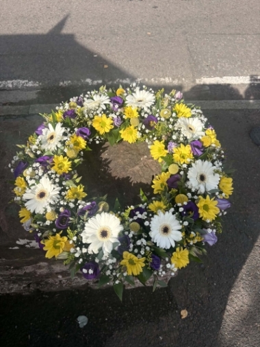 Purple, yellow and white Funeral Wreath