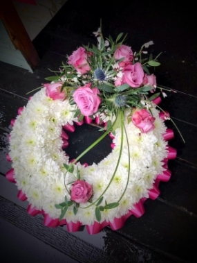 White & Pink Funeral Wreath with a Spray